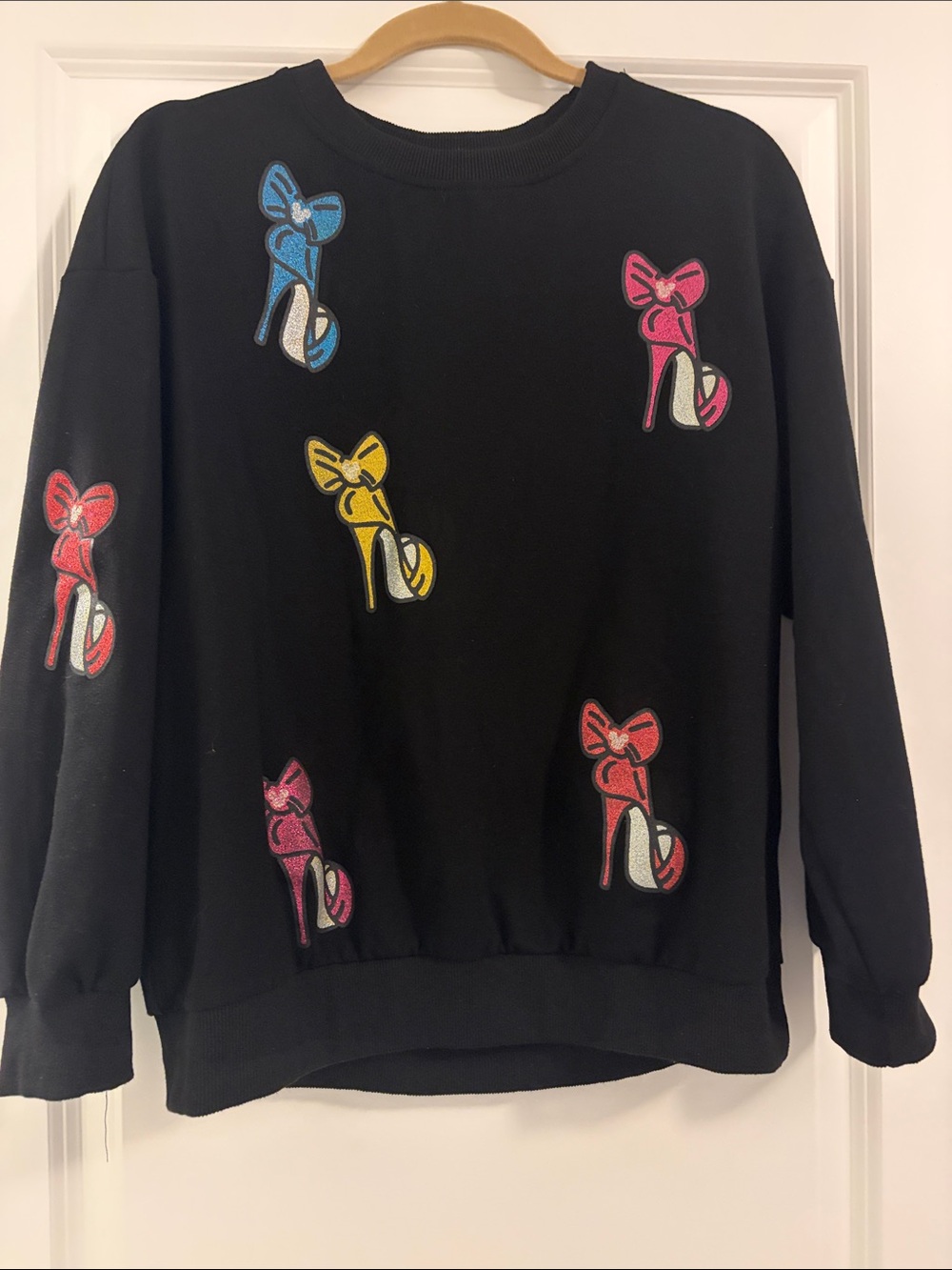 Disney Themed Black Pullover Sweatshirt with Colorful High Heel Patches